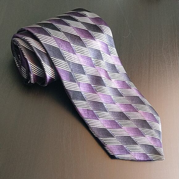 Stafford Silk Neck Tie purple black stripes geometric checkered 56" L x 4" W - Picture 1 of 8